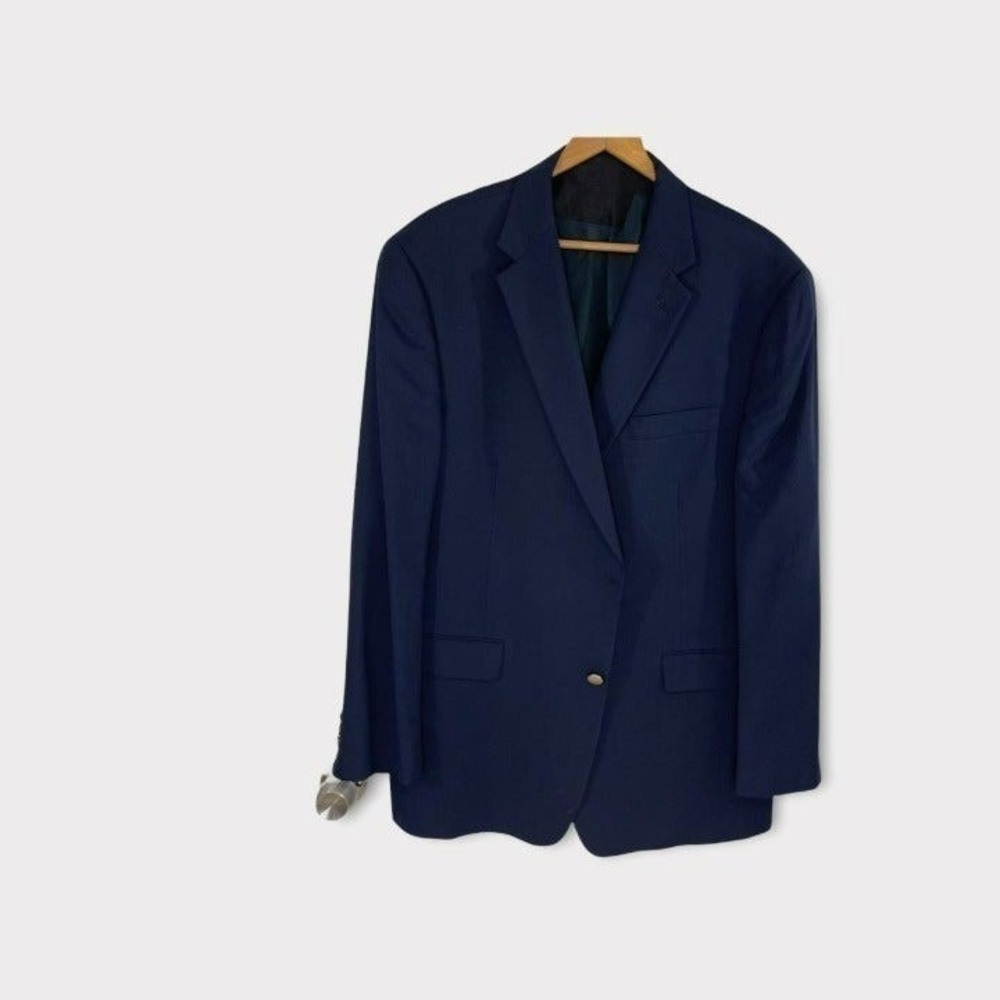 Hart Schaffner Marx Blazer Mens 46R Navy Blue Good Gold Button Wool Blend USA